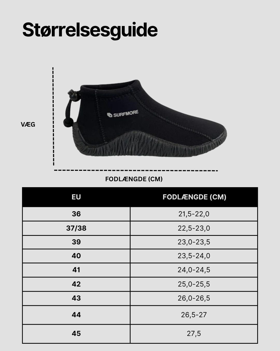 SURFMORE Neopren Sko i 3mm - Størrelsesguide med tabel