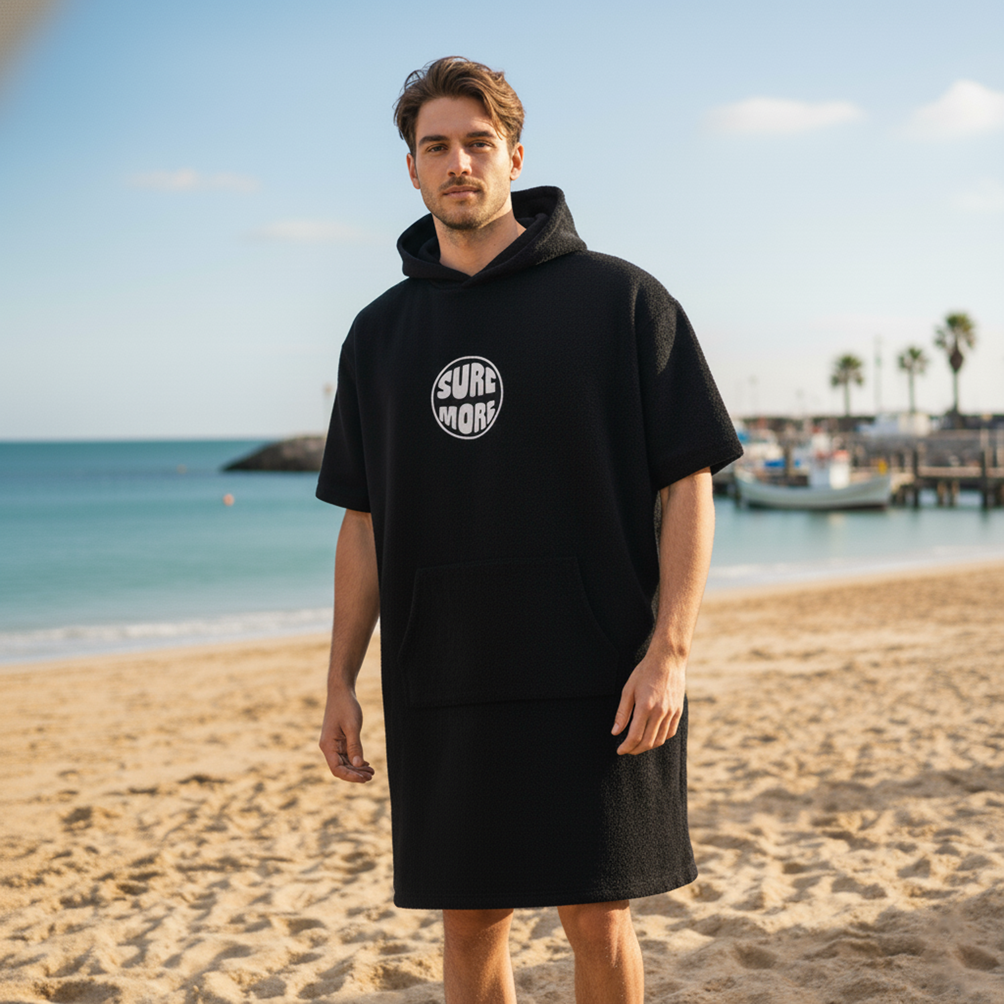SURFMORE badeponcho til voksne - Bomuld - Sort