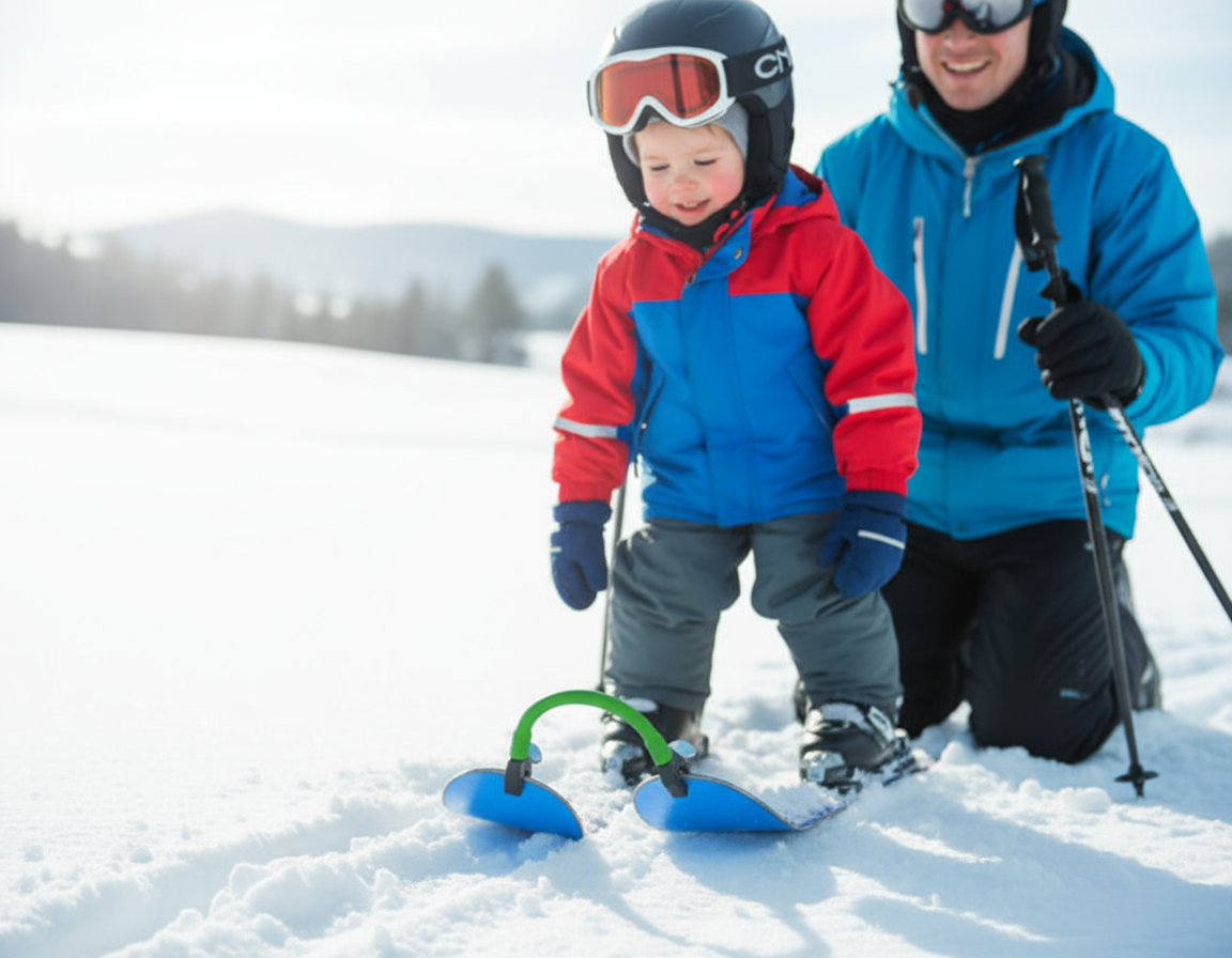 Barn står på ski med SnowRider SkiLink Ski Tip samler sammen med sin far